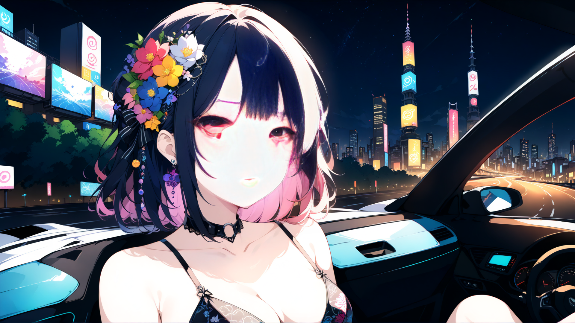 AI generated wallpaper featuring anime girl, car, city