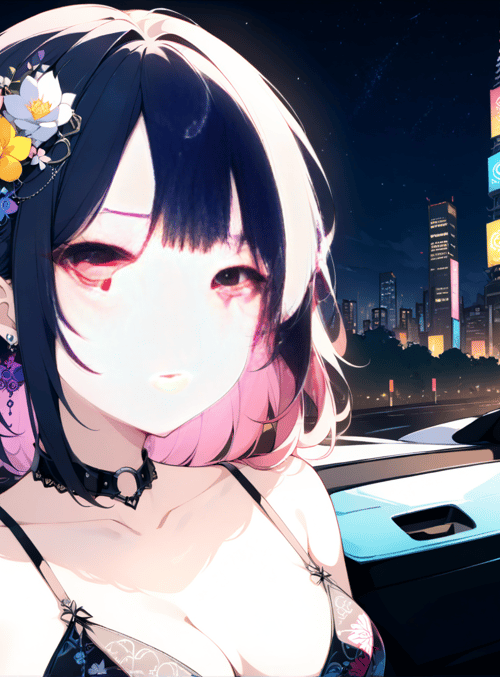 anime girl, car, city