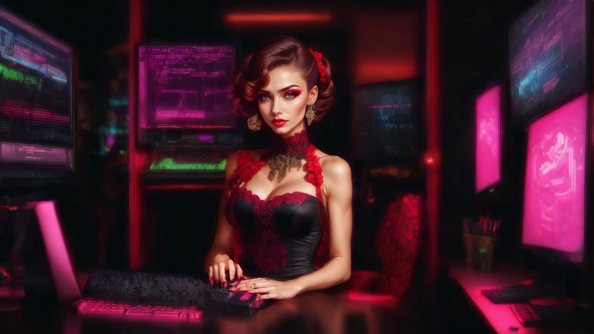 AI generated wallpaper featuring woman, computer, monitors