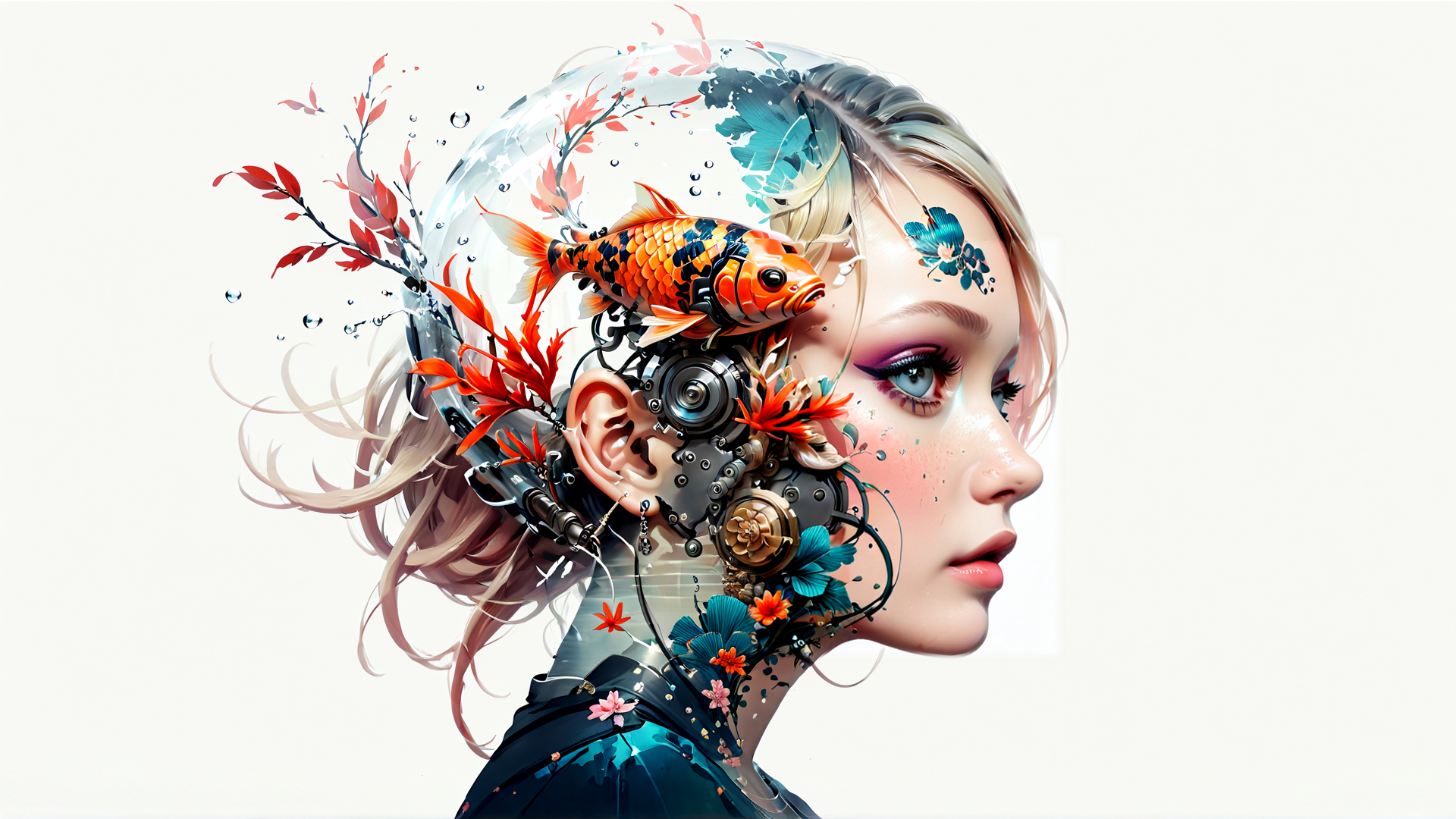 AI generated wallpaper featuring girl, fish, mechanical, flowers, branches, bubbles