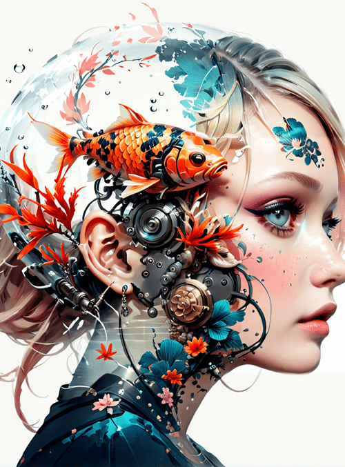girl, fish, mechanical, flowers, branches, bubbles