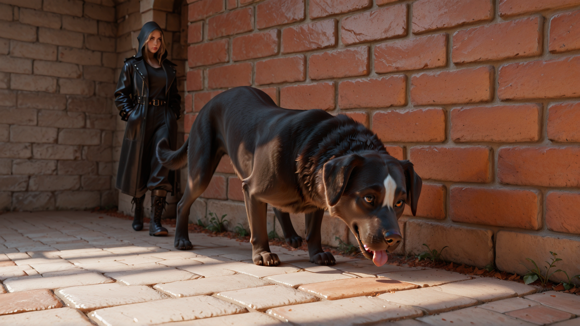 AI generated wallpaper featuring dog, woman, brick wall, cobblestone
