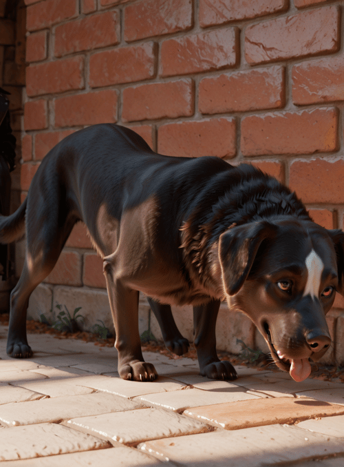 dog, woman, brick wall, cobblestone