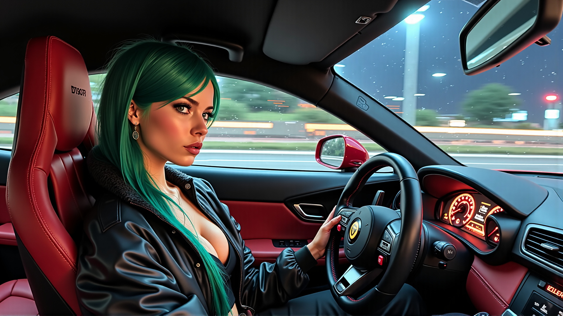 AI generated wallpaper featuring woman, car, steering wheel, driver, headlight, interior, seat, mirror, road, dashboard