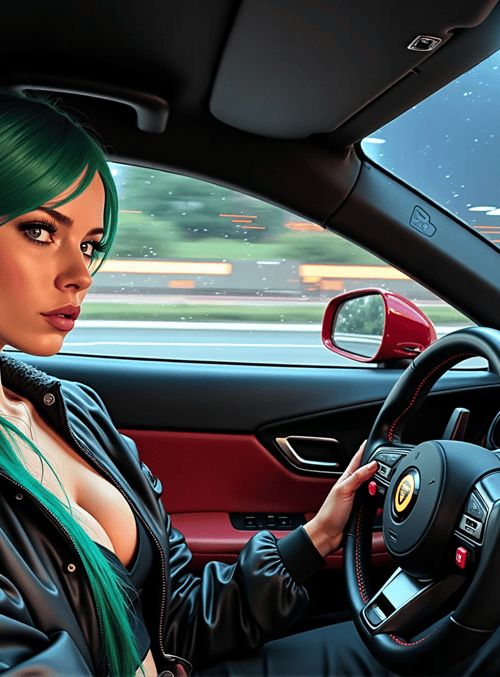 woman, car, steering wheel, driver, headlight, interior, seat, mirror, road, dashboard
