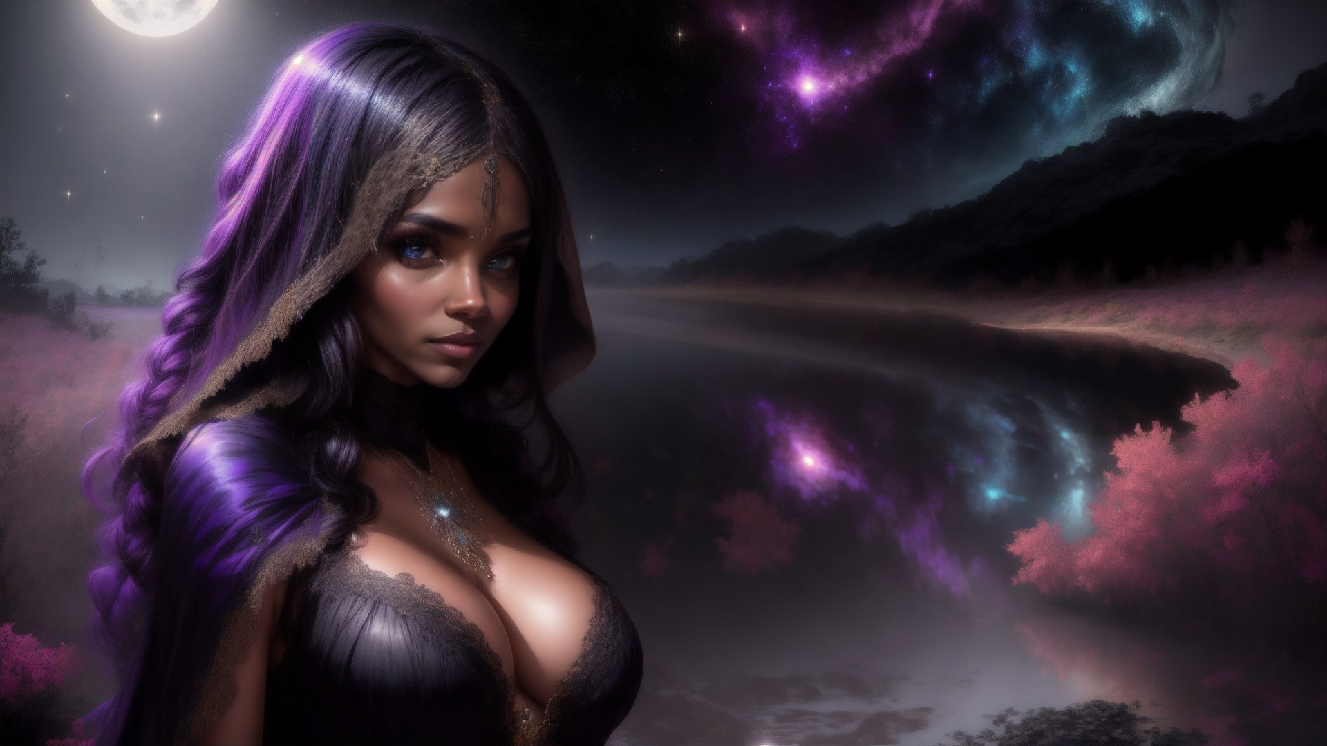 AI generated wallpaper featuring woman, nature, cosmos