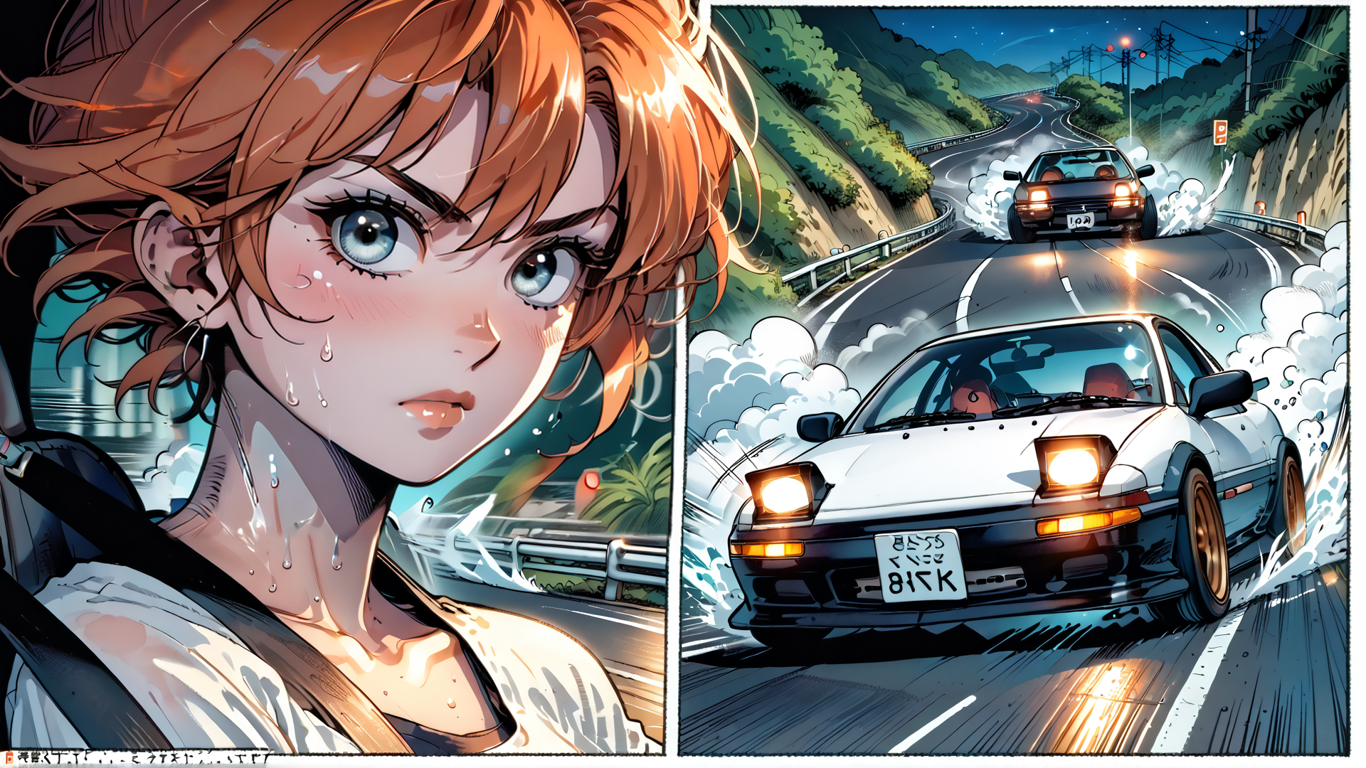 AI generated wallpaper featuring car, girl, road, dirt, drifting, sweat, headlight, hair, license plate, mountain