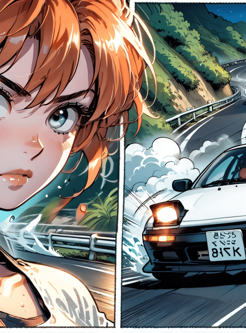 car, girl, road, dirt, drifting, sweat, headlight, hair, license plate, mountain