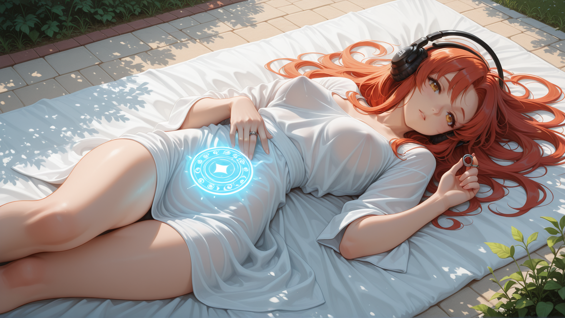 AI generated wallpaper featuring woman, headphones, dress, glowing symbol, ring, sunlight, bedspread, plants, legs, hair
