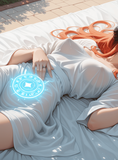woman, headphones, dress, glowing symbol, ring, sunlight, bedspread, plants, legs, hair