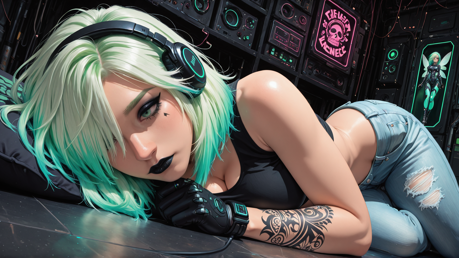 AI generated wallpaper featuring woman, gamer, cyberpunk, headphones, tattoo, jeans, gloves, skull, neon, fairy
