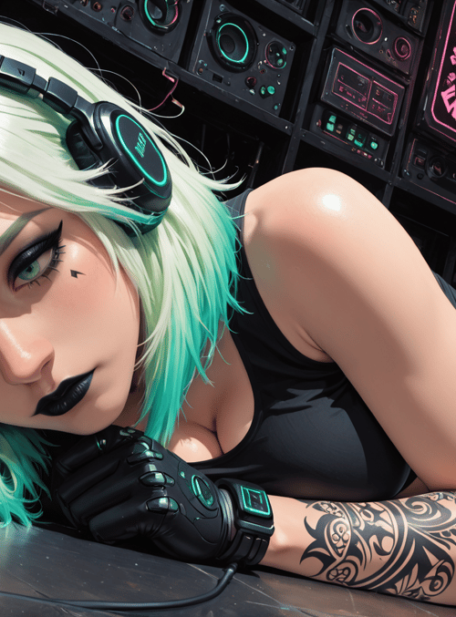 woman, gamer, cyberpunk, headphones, tattoo, jeans, gloves, skull, neon, fairy