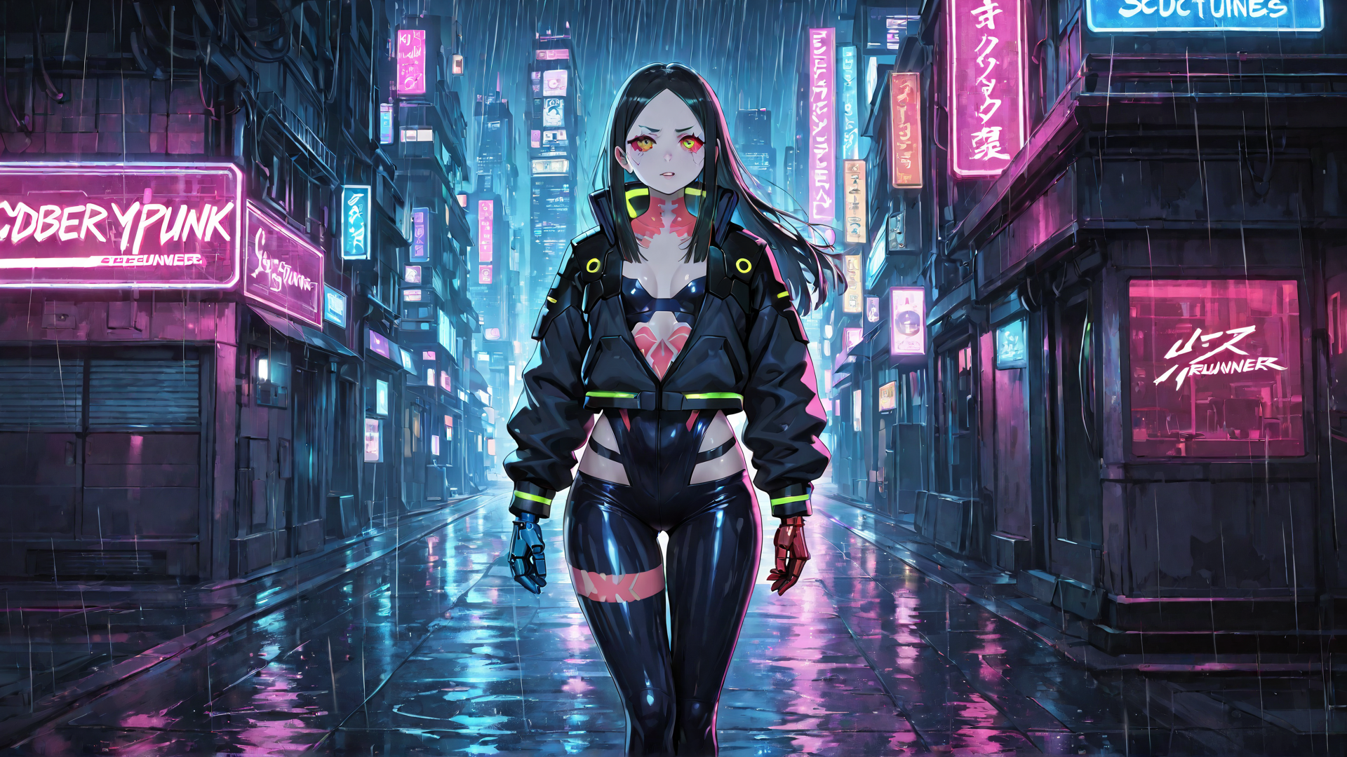 AI generated wallpaper featuring cyberpunk, woman, neon