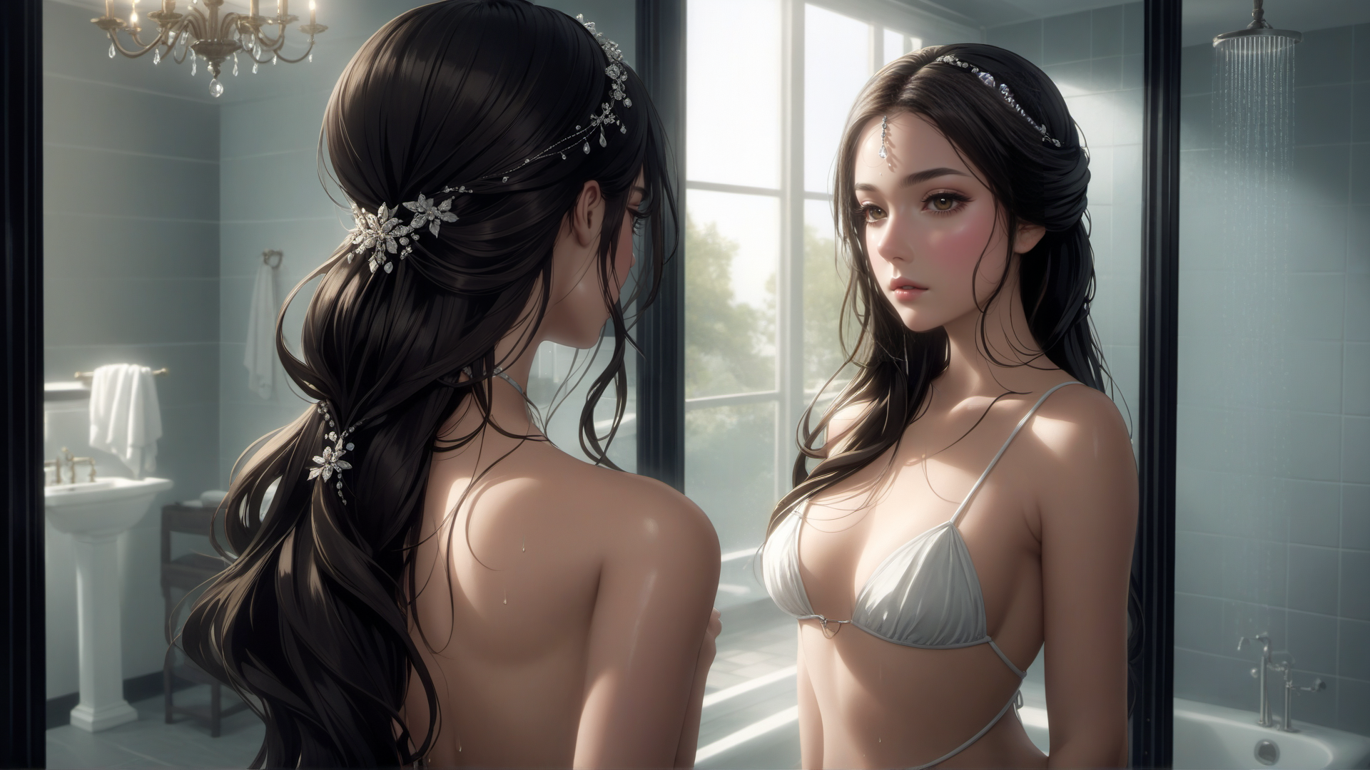 AI generated wallpaper featuring woman, mirror, bathroom