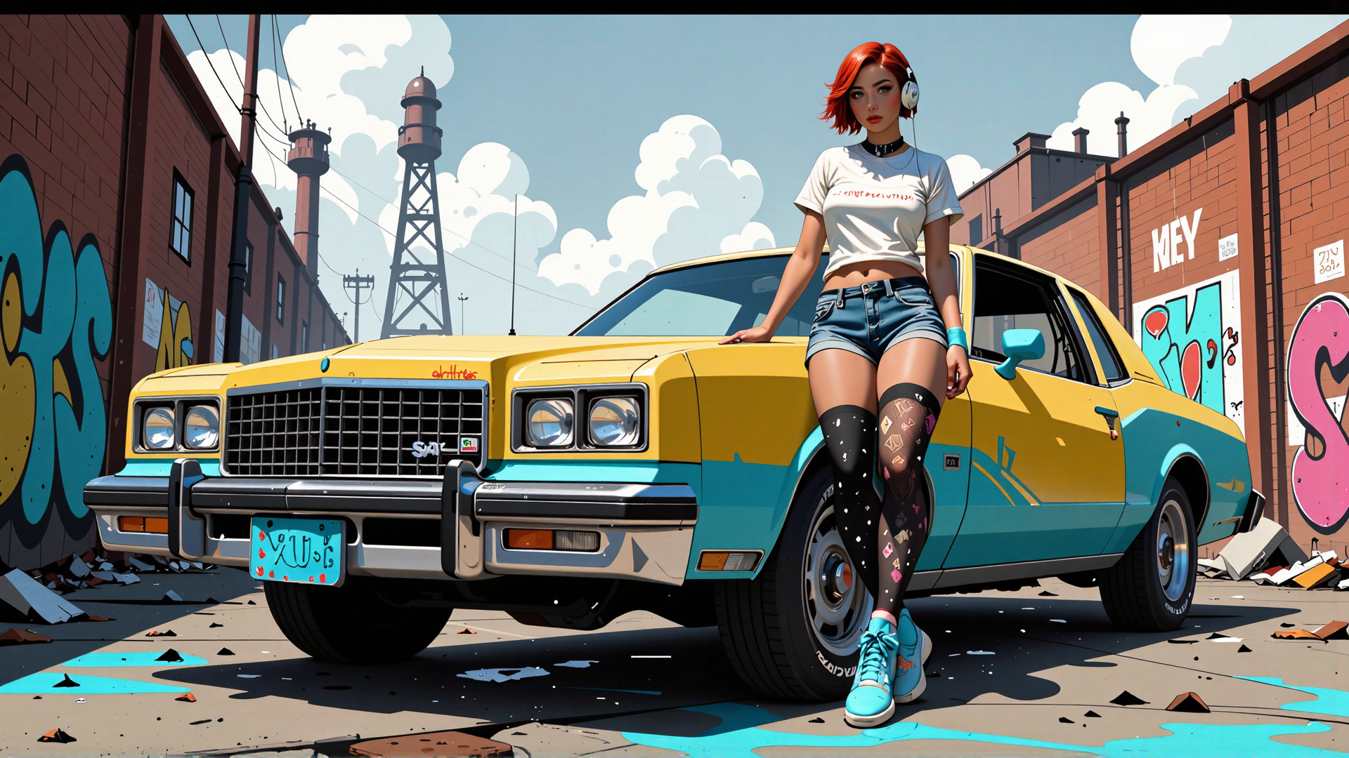 AI generated wallpaper featuring woman, car, graffiti, street, headphones, tights, jeans, sneakers, building, towers