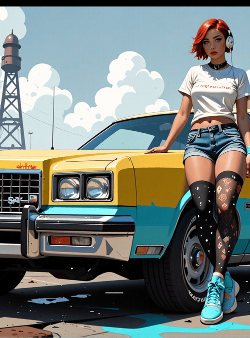 woman, car, graffiti, street, headphones, tights, jeans, sneakers, building, towers