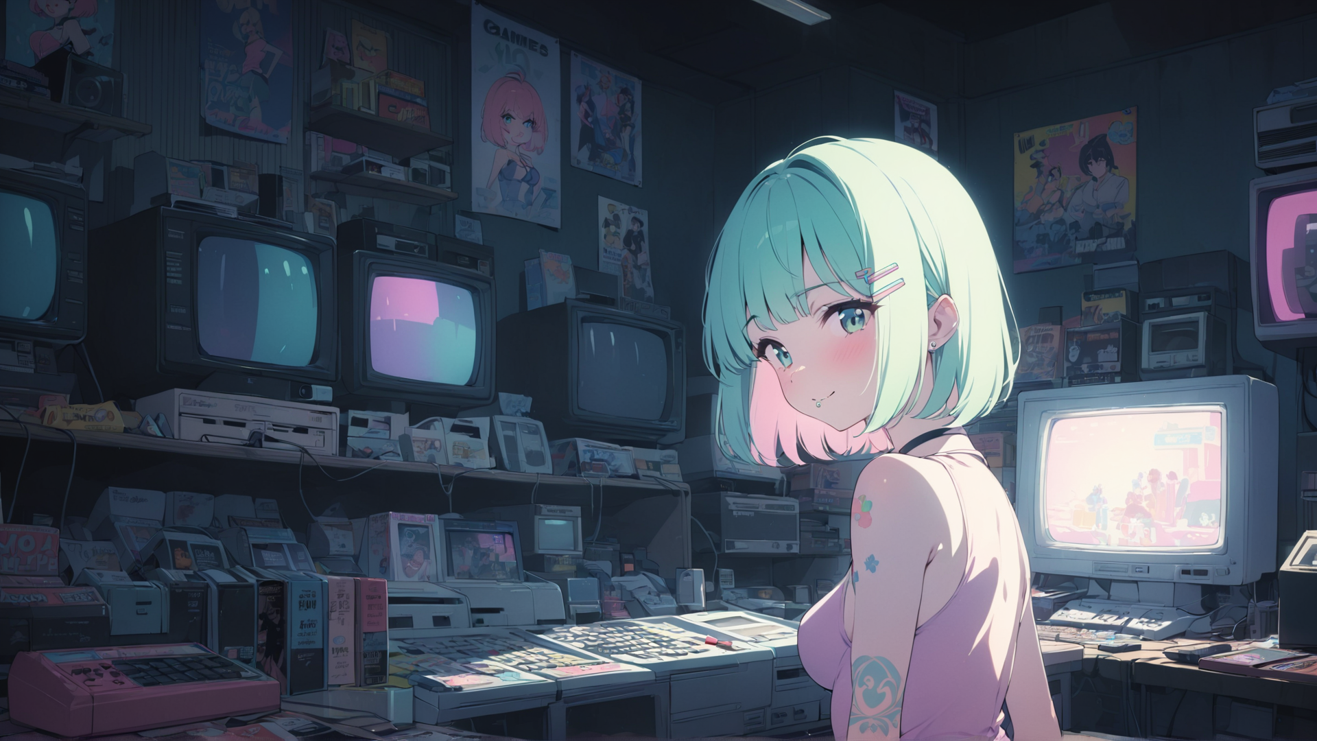 AI generated wallpaper featuring anime girl, retro electronics