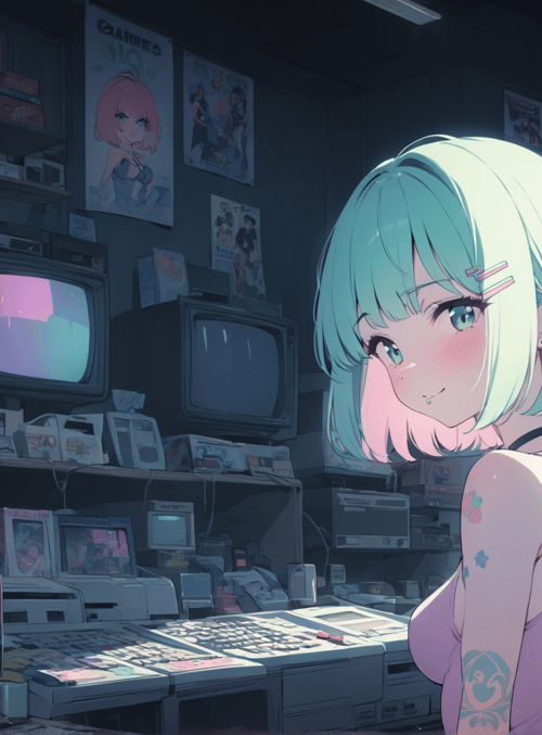 anime girl, retro electronics