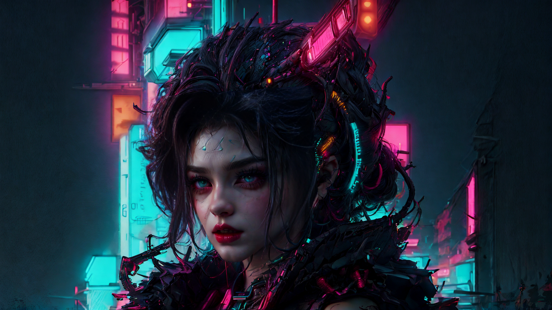 AI generated wallpaper featuring cyborg, woman, neon