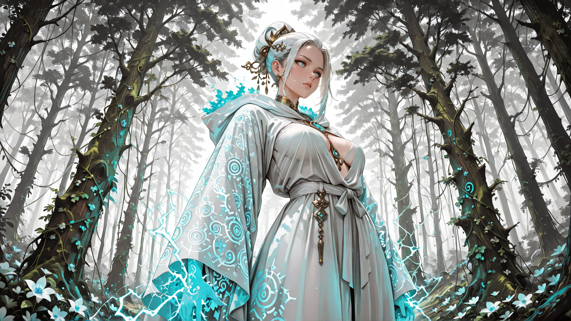 AI generated wallpaper featuring woman, forest, dress, trees, magic, nature, fairy, elf, glowing, plants