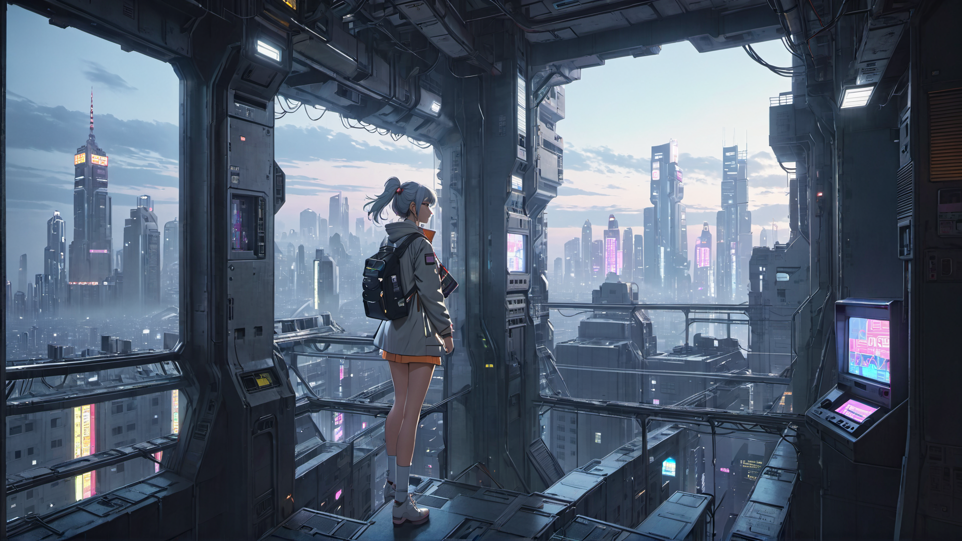 AI generated wallpaper featuring girl, cityscape, futuristic