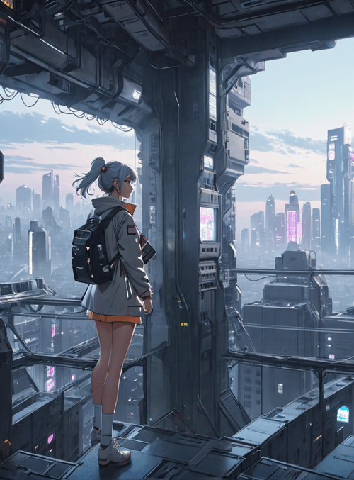 girl, cityscape, futuristic