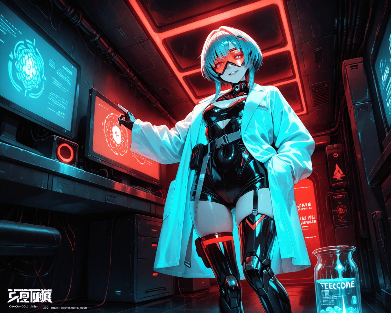 AI generated wallpaper featuring cybernetic scientist, lab technician