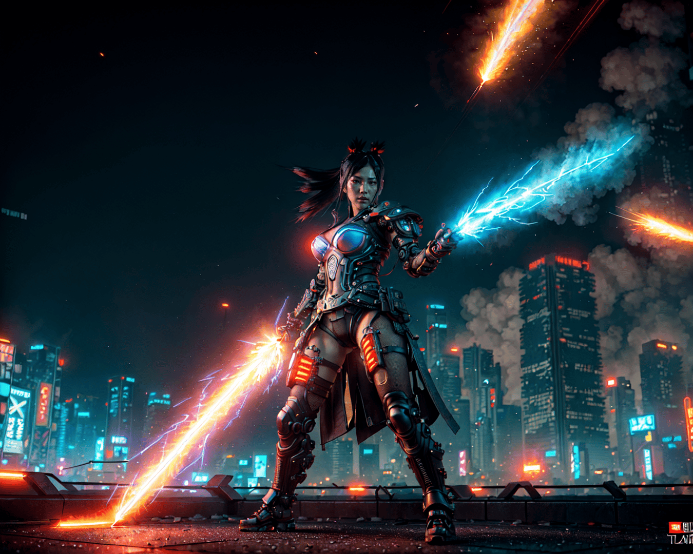 AI generated wallpaper featuring cyborg, woman, fighter