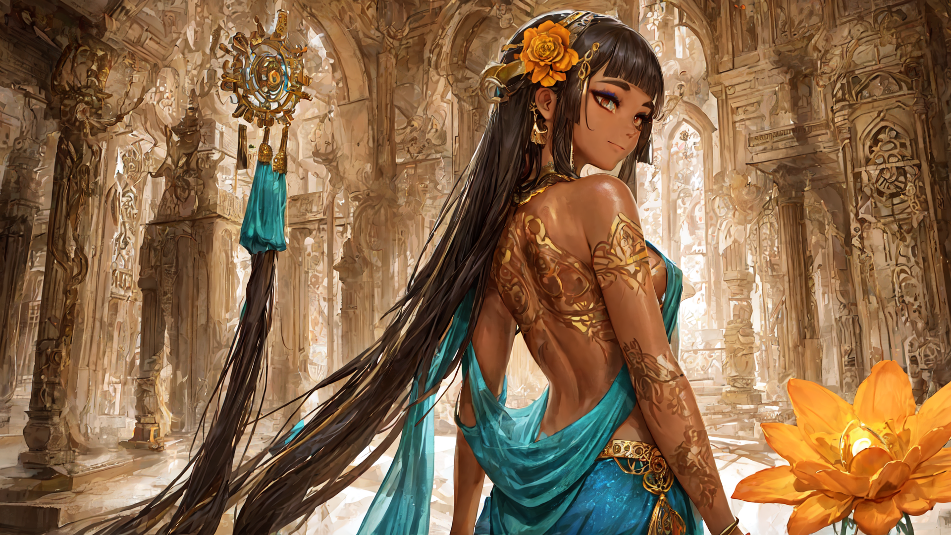 AI generated wallpaper featuring woman, goddess, tattoo, flower, silk, scepter, architectural, detailed, ornament, cherry