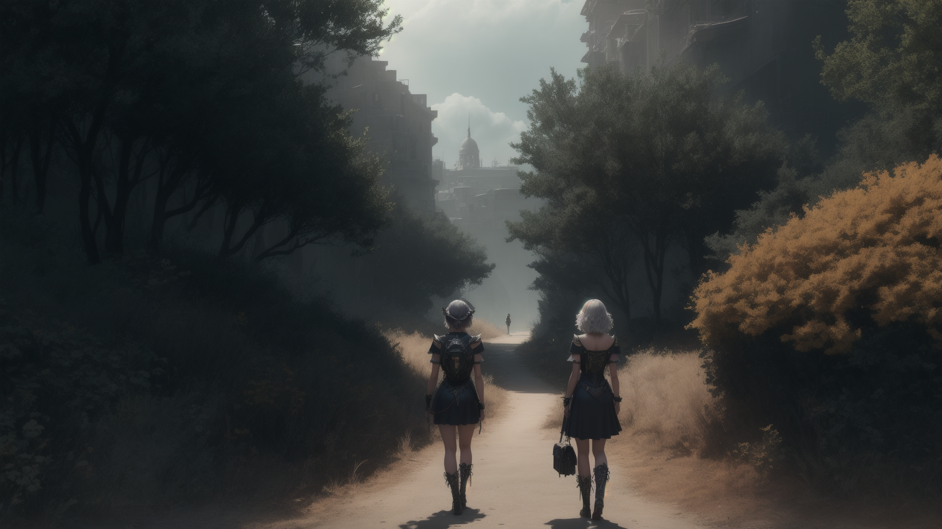 AI generated wallpaper featuring girls, path, city
