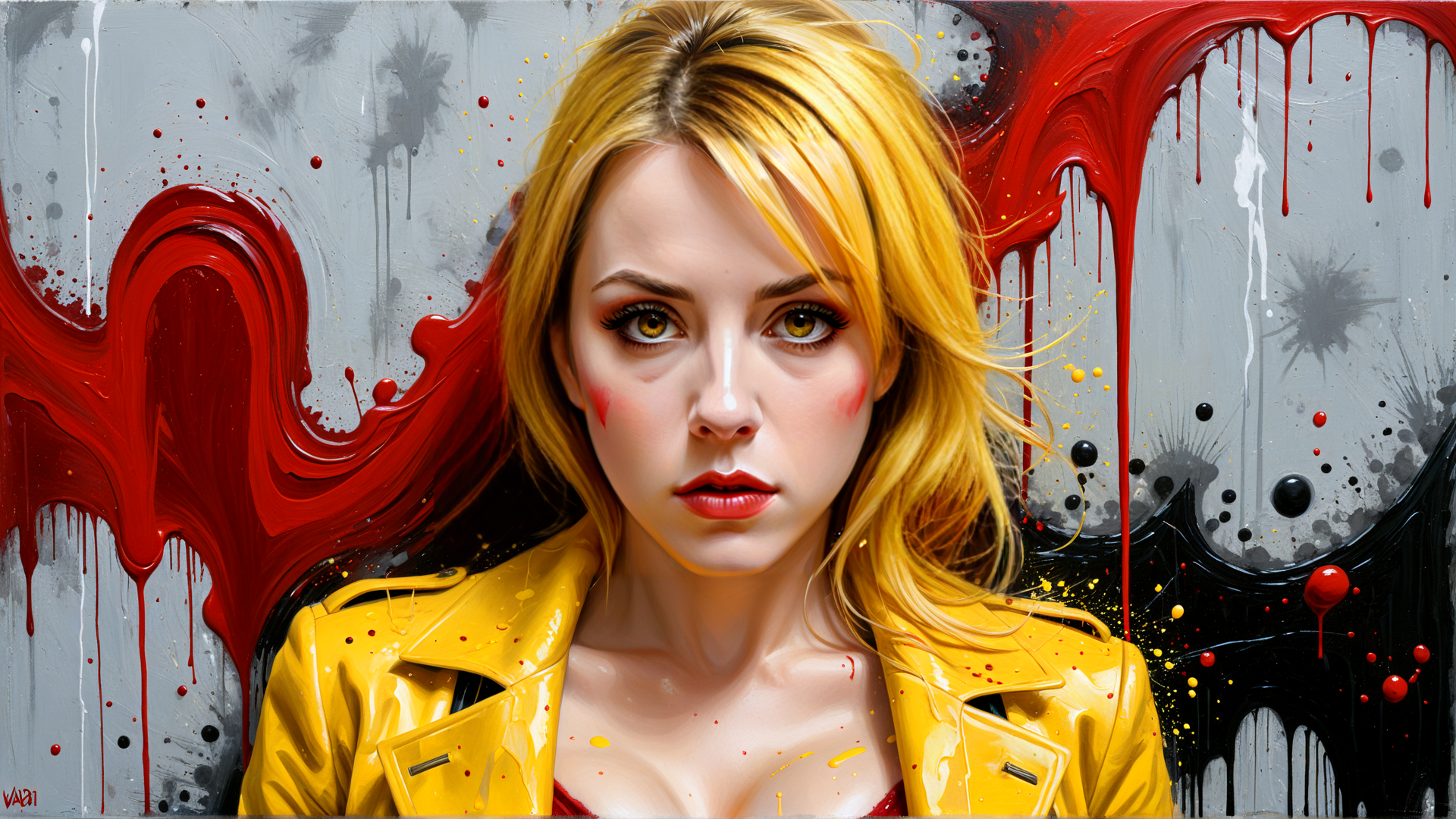 AI generated wallpaper featuring woman, blonde, jacket, paint, art
