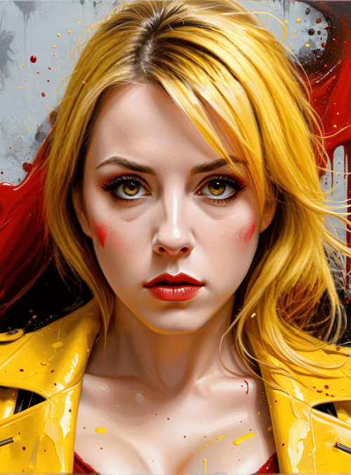 woman, blonde, jacket, paint, art