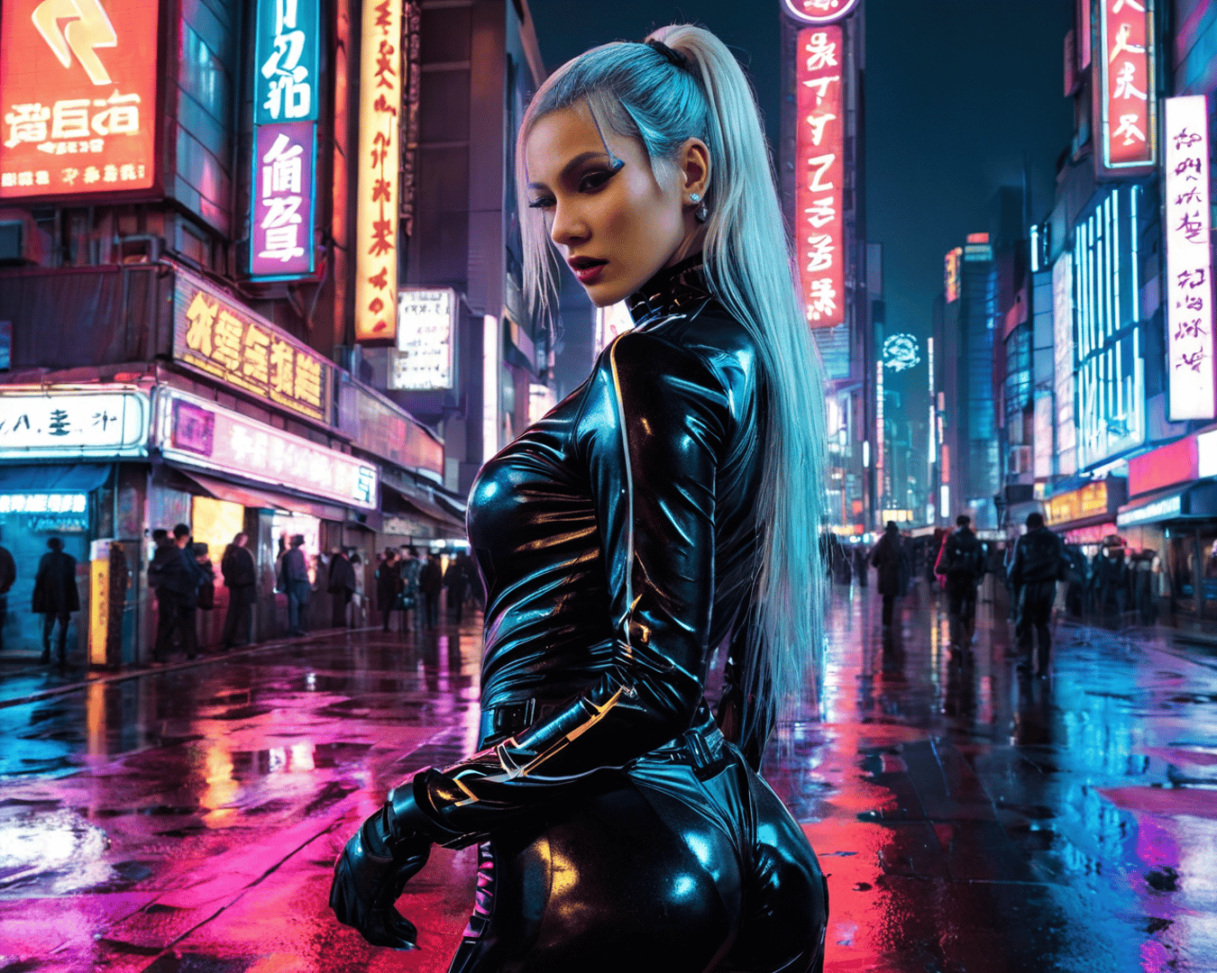 AI generated wallpaper featuring woman, cyberpunk, neon
