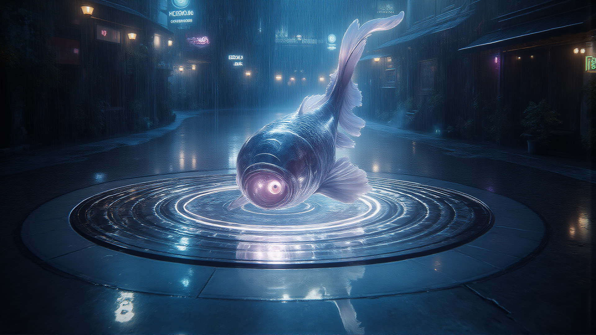 AI generated wallpaper featuring fish, street, neon, rain, circle