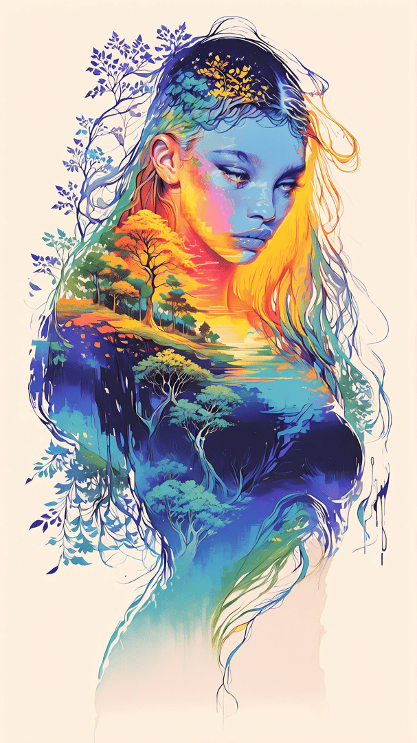 AI generated wallpaper featuring woman, trees, nature, landscape, hair, leaves