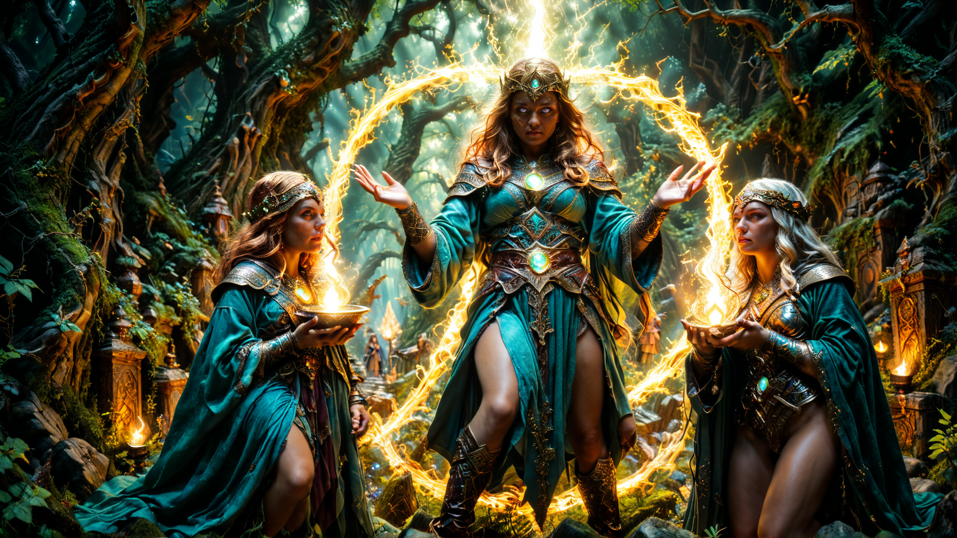 AI generated wallpaper featuring women, magical, forest