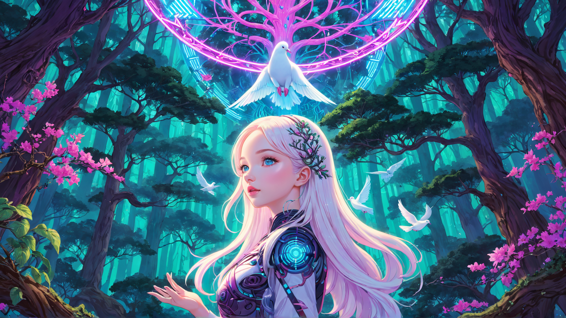 AI generated wallpaper featuring woman, dove, trees, flowers, forest, cybernetic