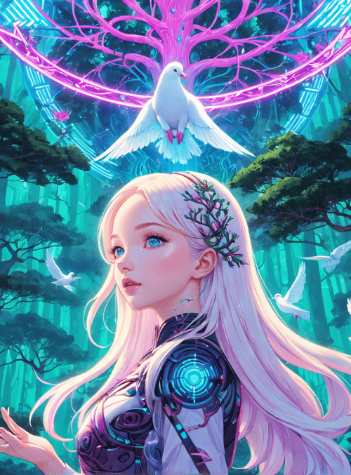 woman, dove, trees, flowers, forest, cybernetic