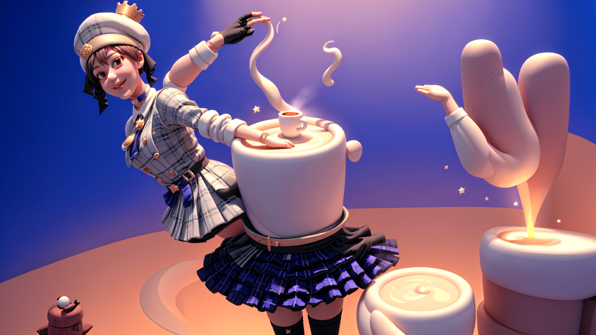AI generated wallpaper featuring anime character, tea pot, cup, hand, skirt, gloves, hat