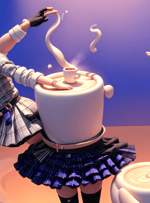anime character, tea pot, cup, hand, skirt, gloves, hat