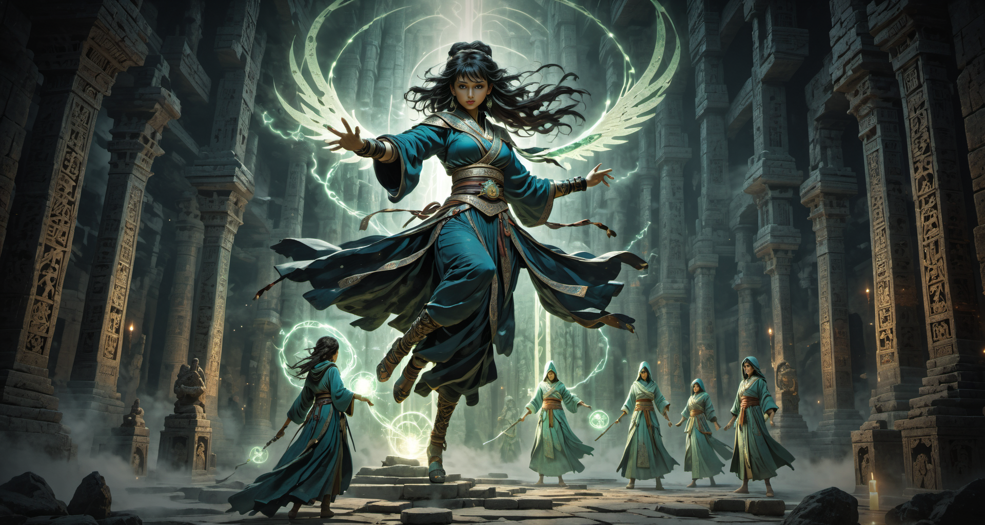 AI generated wallpaper featuring mage, ancient temple, wizards