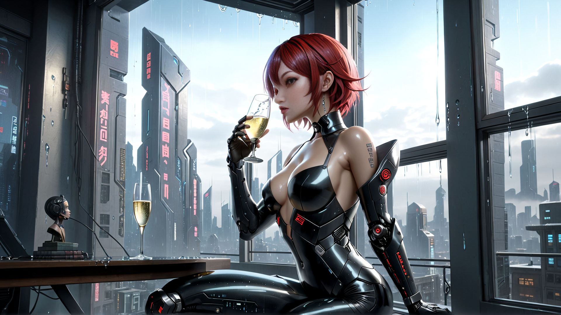 AI generated wallpaper featuring cyborg, woman, wine