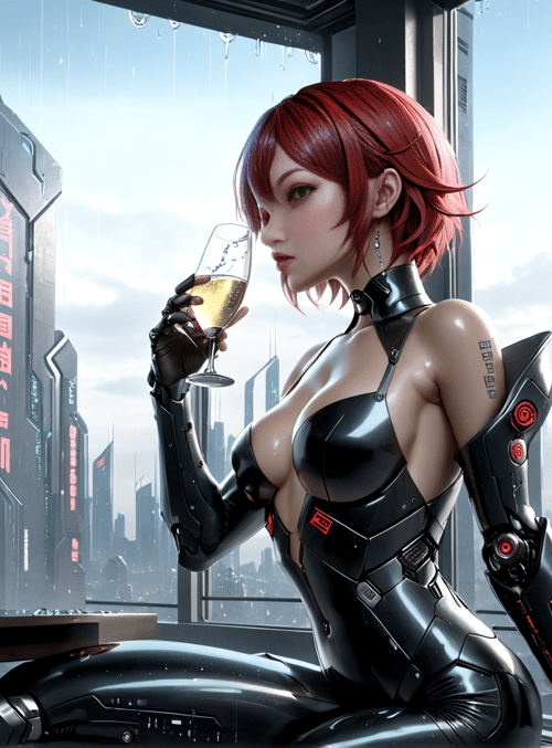 cyborg, woman, wine