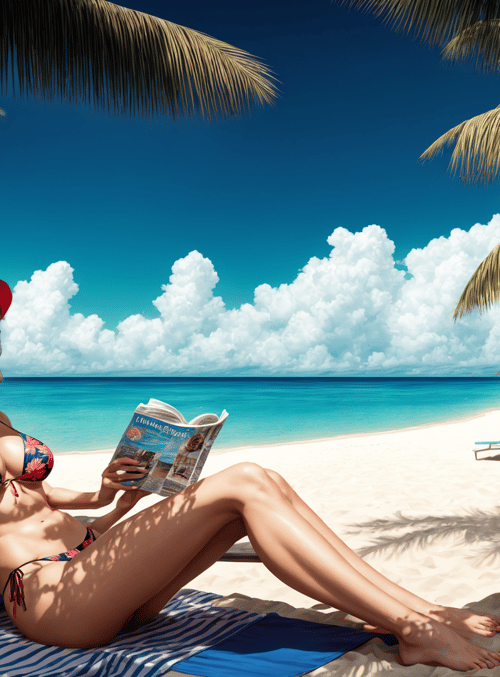 woman, beach, umbrella, chaise lounge, magazine, palm tree, ocean, sand, sun, towel