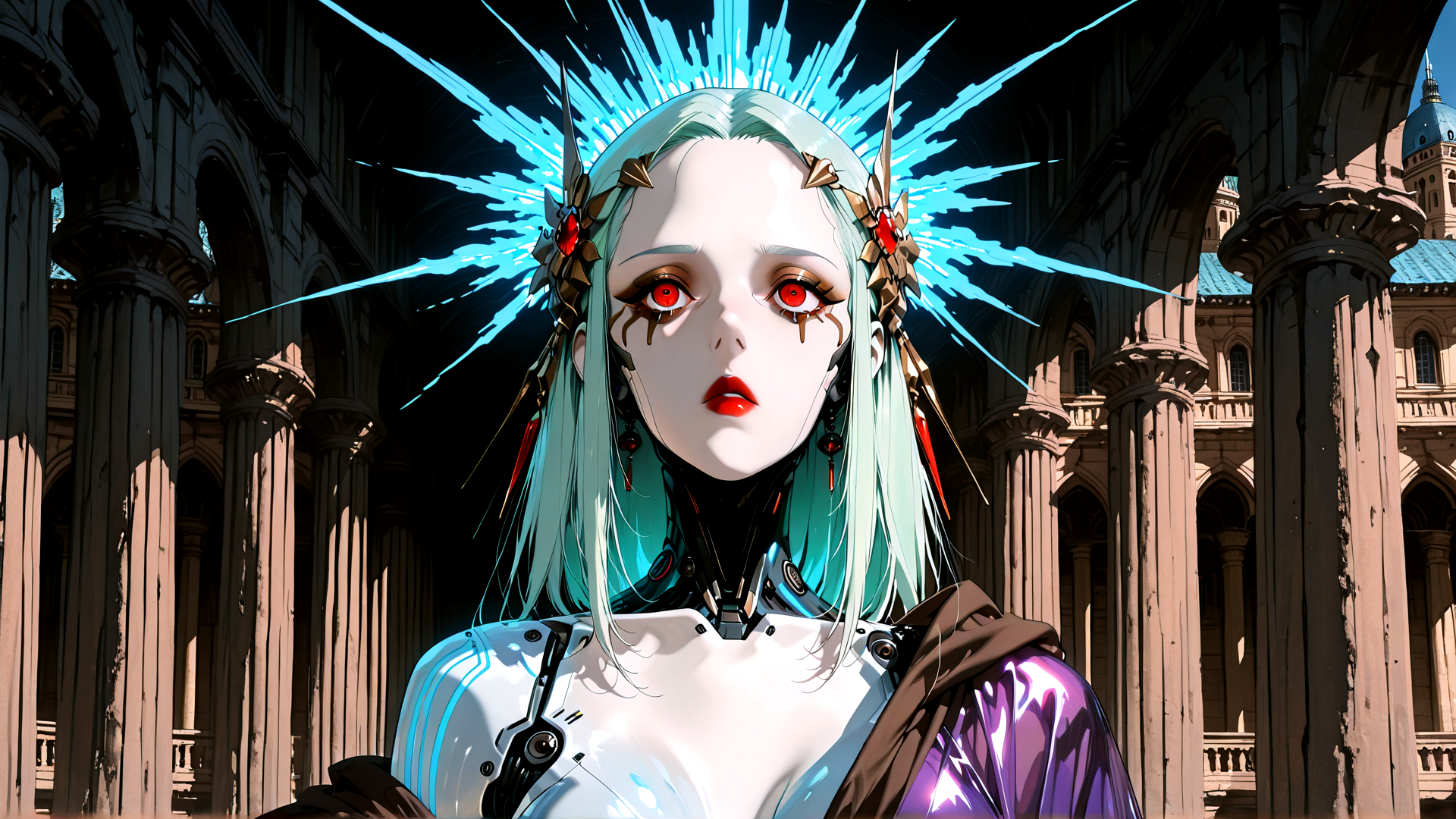 AI generated wallpaper featuring cyborg, woman, glasses, armor, crown, horns