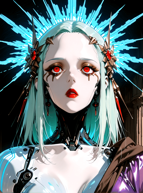 cyborg, woman, glasses, armor, crown, horns
