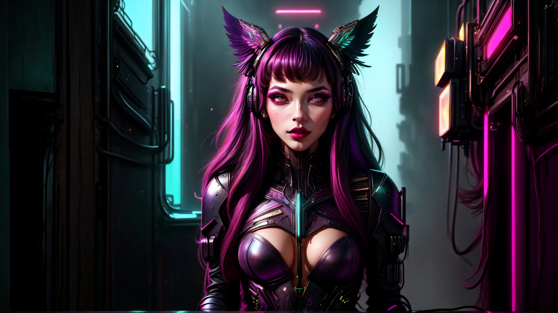 AI generated wallpaper featuring cyberpunk, woman, ears, headphones, armor, hair, neon, cityscape, futuristic, technology