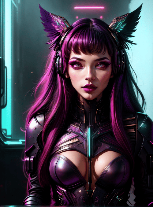 cyberpunk, woman, ears, headphones, armor, hair, neon, cityscape, futuristic, technology