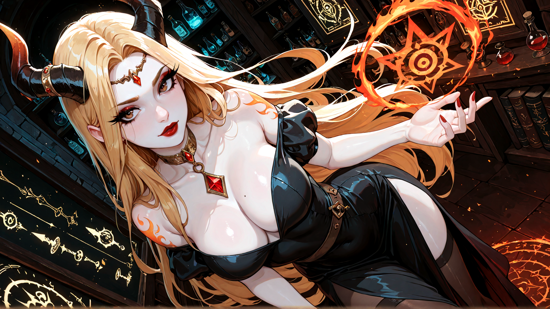 AI generated wallpaper featuring woman, devil, witch, mage, sorceress, horned, magical