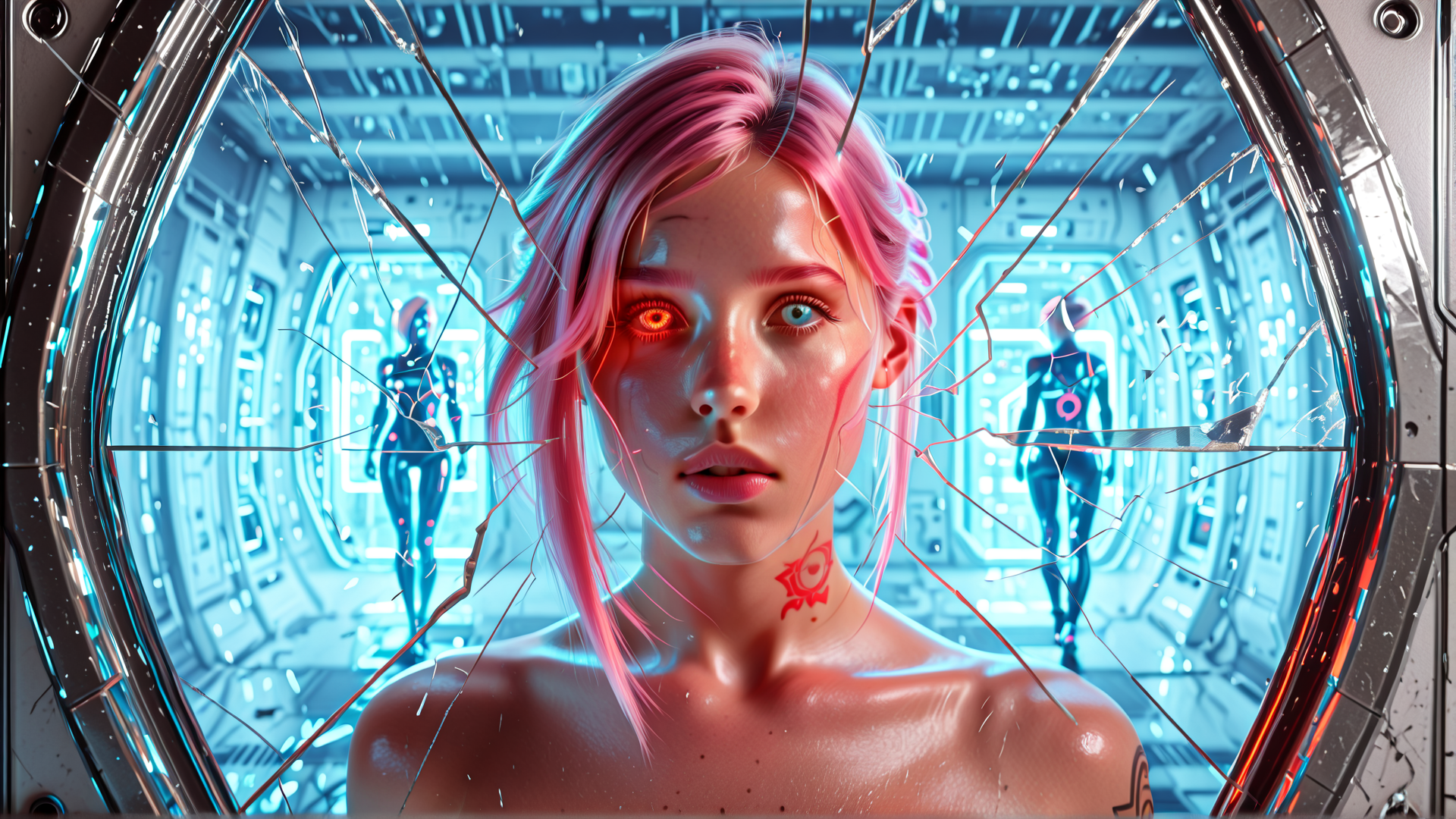 AI generated wallpaper featuring woman, cyborg, robot, spaceship, glass